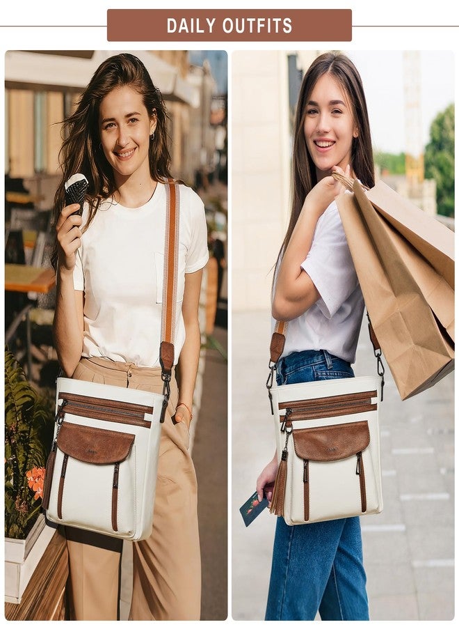 Shrrie Leather Crossbody Bags for Women, Multiple Pockets Medium Crossbody Purse with Wide Strap, Magnetic Snap Shoulder Handbags for Travel, Beige - Image 2