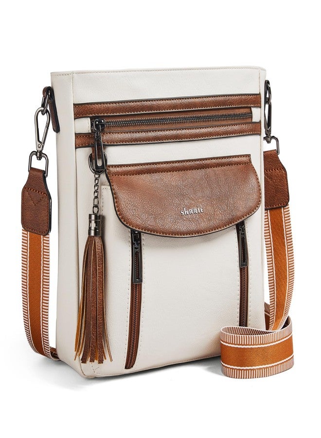 Shrrie Leather Crossbody Bags for Women, Multiple Pockets Medium Crossbody Purse with Wide Strap, Magnetic Snap Shoulder Handbags for Travel, Beige - Image 1