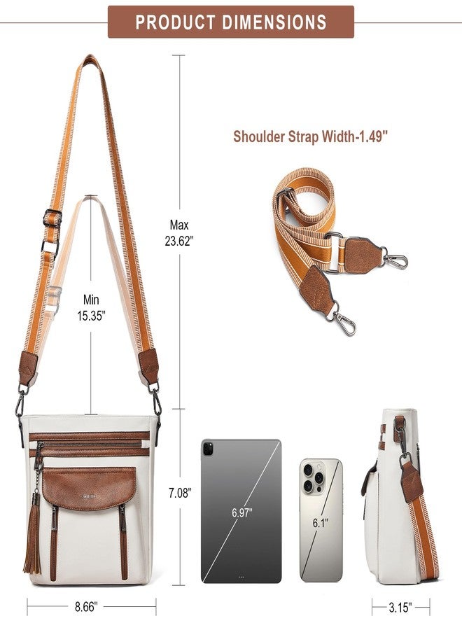 Shrrie Leather Crossbody Bags for Women, Multiple Pockets Medium Crossbody Purse with Wide Strap, Magnetic Snap Shoulder Handbags for Travel, Beige - Image 4