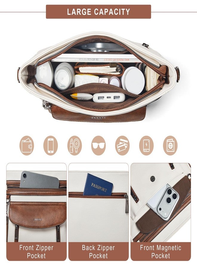 Shrrie Leather Crossbody Bags for Women, Multiple Pockets Medium Crossbody Purse with Wide Strap, Magnetic Snap Shoulder Handbags for Travel, Beige - Image 5