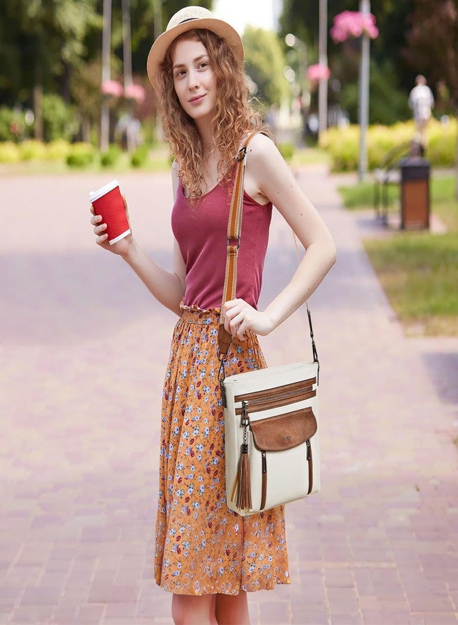 Shrrie Leather Crossbody Bags for Women, Multiple Pockets Medium Crossbody Purse with Wide Strap, Magnetic Snap Shoulder Handbags for Travel, Beige - Image 3