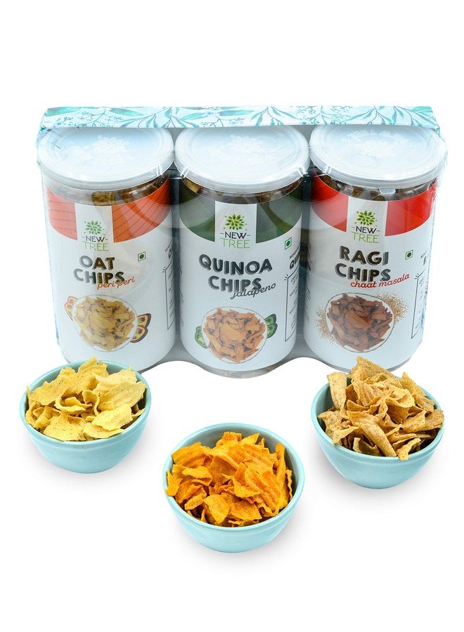 New Tree Gift Hamper,The Healthy Chips Combo Ii Oats Chips Peri Peri-225Gm Ii Ragi Chips-Chaat Masala-225Gms Ii Quinoa Chips Jalepeno- 225Gms Ii Total Weight-675Gms - Image 1