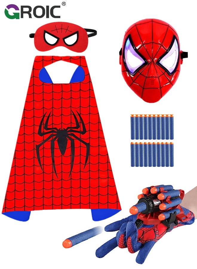 GROIC 5 Pcs Spider-Man Toys, Superhero Launcher Toy Set, Spider-man Capes and Eye Mask Dress Up, LED Mask, 1 Launcher, 1 Glove, 20 Sucker Bullets Superhero Costume Set Role Play Toy - Image 1