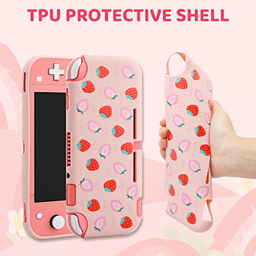 FANPL Case for Nintendo Switch Lite, Cute Pink Strawberry Carrying Case Bundle for Switch Lite Accessories with Soft TPU Cover, Adjustable Strap, Screen Protector, Thumb Grip Caps - Image 4