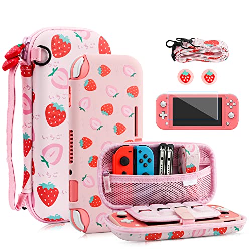 FANPL Case for Nintendo Switch Lite, Cute Pink Strawberry Carrying Case Bundle for Switch Lite Accessories with Soft TPU Cover, Adjustable Strap, Screen Protector, Thumb Grip Caps - Image 1