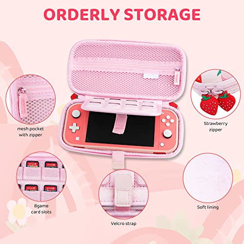 FANPL Case for Nintendo Switch Lite, Cute Pink Strawberry Carrying Case Bundle for Switch Lite Accessories with Soft TPU Cover, Adjustable Strap, Screen Protector, Thumb Grip Caps - Image 3