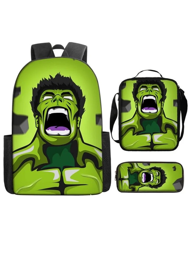 هالك Hulk Children Backpack Daypack Schoolbag Teen Boys School Book bag with Lunch Box Pen Case 3 in 1