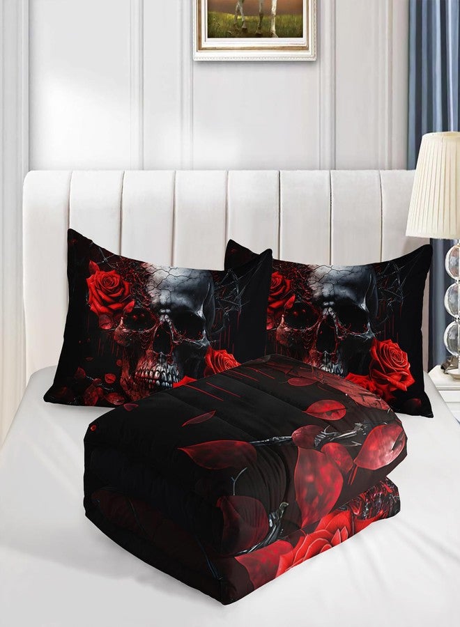 HOSIMA Death Skull Heads Comforter Gothic Bedding Sets,Horror Theme Halloween Bedding Comforter Sets for Teen Girls Boys Room Decor,Red Rose Floral Comforter Queen Size Bed with 2 Pillowcases. - Image 5