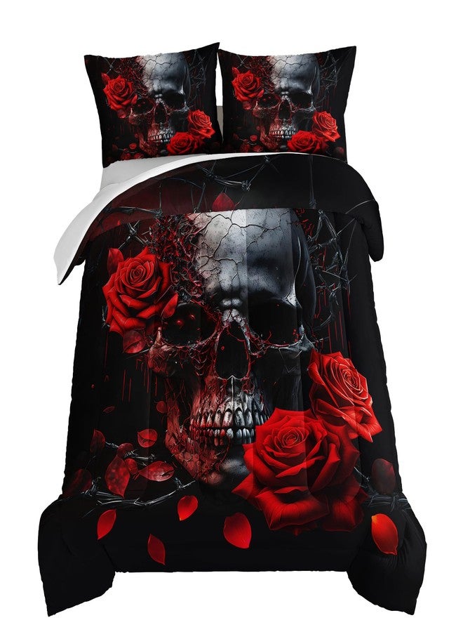 HOSIMA Death Skull Heads Comforter Gothic Bedding Sets,Horror Theme Halloween Bedding Comforter Sets for Teen Girls Boys Room Decor,Red Rose Floral Comforter Queen Size Bed with 2 Pillowcases. - Image 1