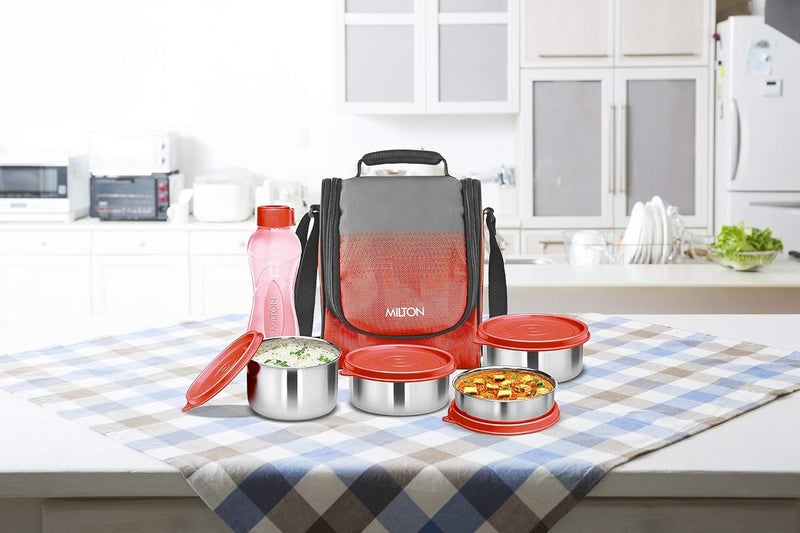 Milton MILTON Tasty 4 Combo Lunch Box with Insulated Fabric Jacket, 4 Stainless Steel Containers (200 ml, 320 X 2 ml, 500 ml) & 1 Green Plastic Bottle, Leak-Proof Tiffin for Office, College, Picnic, Red  - Image 2