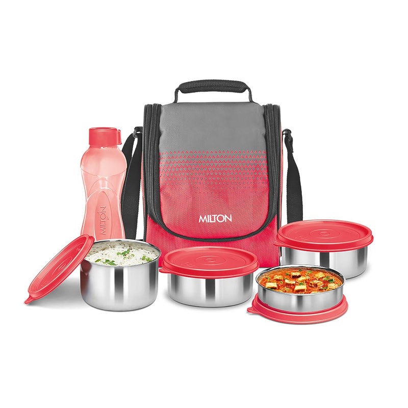 Milton MILTON Tasty 4 Combo Lunch Box with Insulated Fabric Jacket, 4 Stainless Steel Containers (200 ml, 320 X 2 ml, 500 ml) & 1 Green Plastic Bottle, Leak-Proof Tiffin for Office, College, Picnic, Red  - Image 1