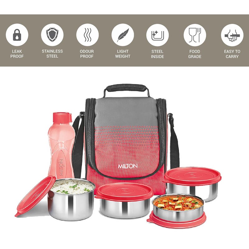 Milton MILTON Tasty 4 Combo Lunch Box with Insulated Fabric Jacket, 4 Stainless Steel Containers (200 ml, 320 X 2 ml, 500 ml) & 1 Green Plastic Bottle, Leak-Proof Tiffin for Office, College, Picnic, Red  - Image 4