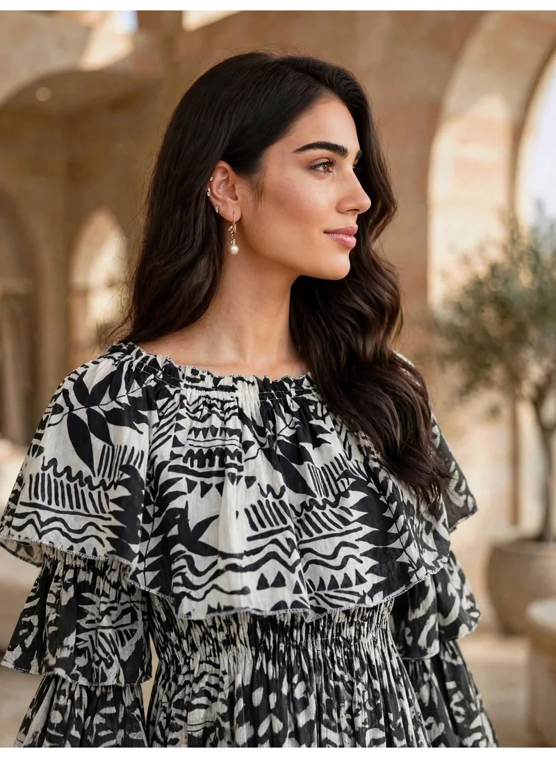 اكسا Women's Elastic Neckline Ruffled 3/4 Sleeve Printed Maxi Dress