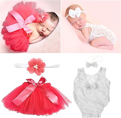 SPOKKI SPOKKI 4 PCS Newborn Photography Props Outfits-BabyTutu Skirt Cute Bow Headdress and Lace Rompers Flower Headband Sets  - Image 1