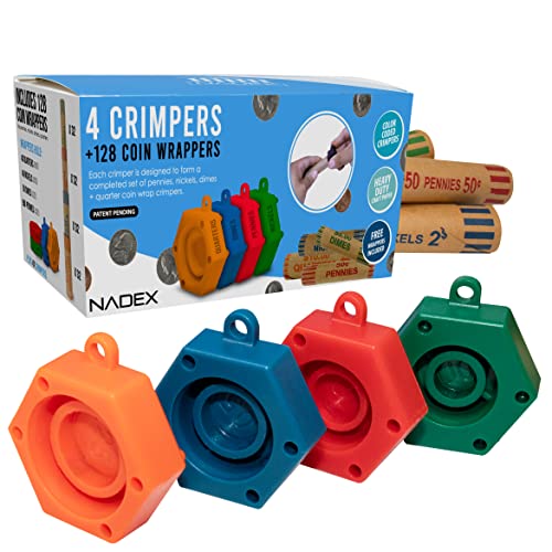 Nadex 128 Assorted Preformed Crimped End Coin Roll Wrappers with Color Coded Coin Wrapper Crimping Tool Patent Pending 32 Each of Nickels Dimes Pennies and Quarters - Image 1