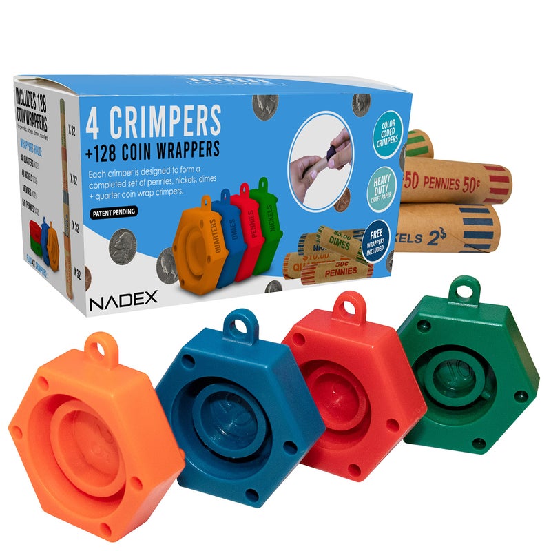 Nadex 128 Assorted Preformed Crimped End Coin Roll Wrappers with Color Coded Coin Wrapper Crimping Tool Patent Pending 32 Each of Nickels Dimes Pennies and Quarters - Image 2