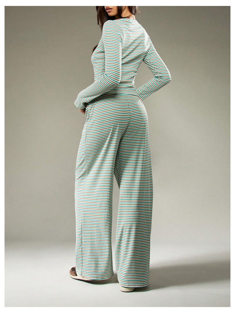 WDIRARA Women's Striped 2 Piece Pants Outfits Long Sleeve Button Down Knit Top Set Leisure Fall Casual Green Brown Large - Image 2