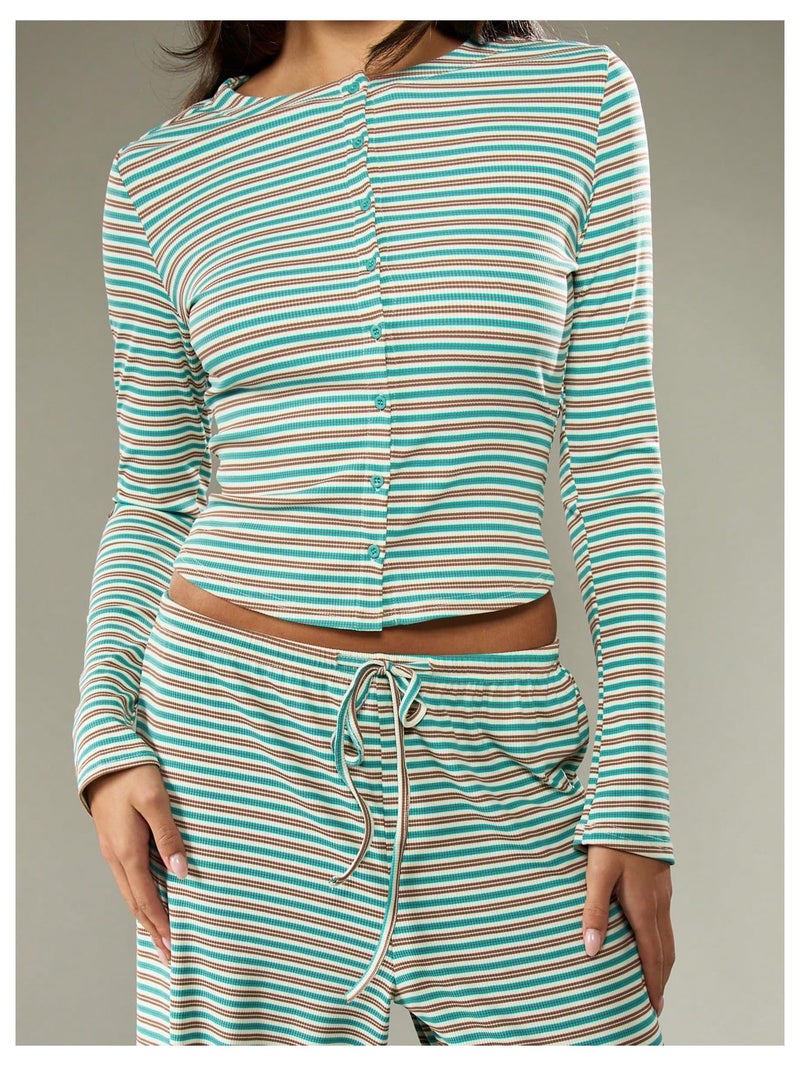 WDIRARA Women's Striped 2 Piece Pants Outfits Long Sleeve Button Down Knit Top Set Leisure Fall Casual Green Brown Large - Image 5