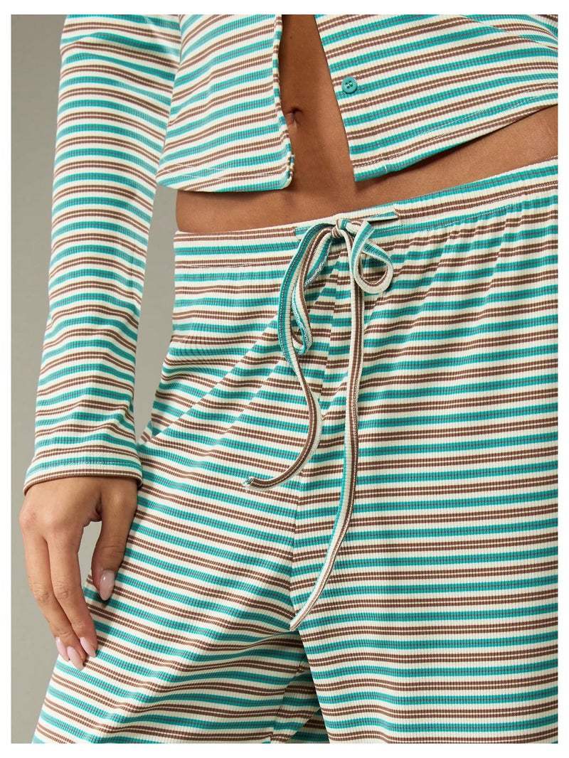WDIRARA Women's Striped 2 Piece Pants Outfits Long Sleeve Button Down Knit Top Set Leisure Fall Casual Green Brown Large - Image 4