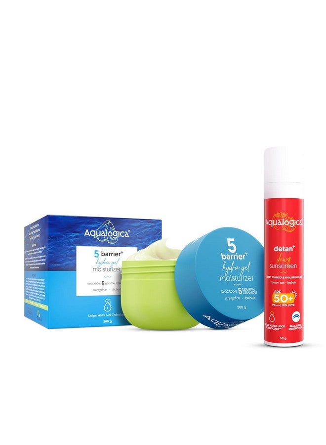 Aqualogica 5 Barrier+ Hydra Gel Moisturizer & Detan+ Dewy Sunscreen|24-Hour Intense Hydration | Removes Tan | SPF 50+ & PA++++ Protection For All Skin - Image 1