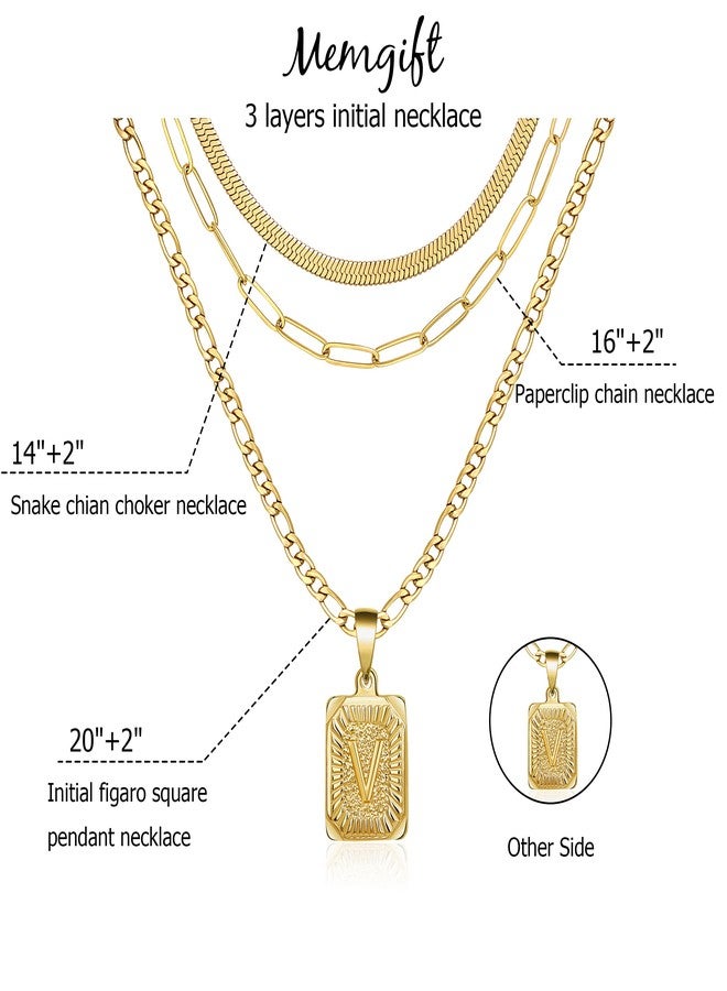 Memgift Preppy Necklace Dainty Trendy Paperclip Snake Choker Stainless Steel Figaro Chain Layered Necklaces Jewelry Gifts Square Pendant Letter V - Image 5