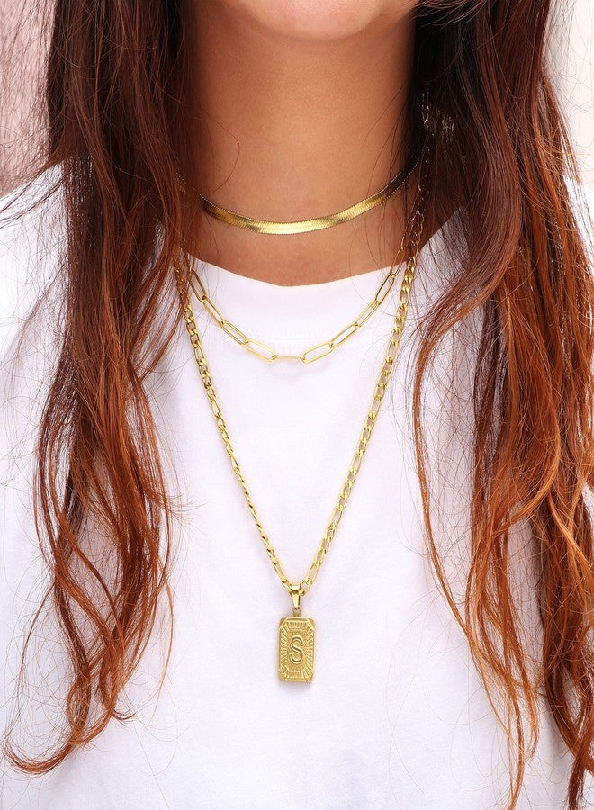 Memgift Preppy Necklace Dainty Trendy Paperclip Snake Choker Stainless Steel Figaro Chain Layered Necklaces Jewelry Gifts Square Pendant Letter V - Image 3