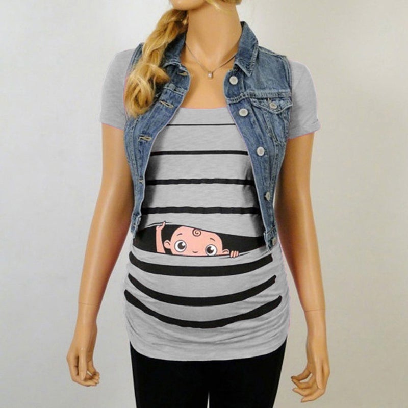 2021wish ebay cute baby plus size round neck print short sleeve maternity T-shirt black M - Image 3