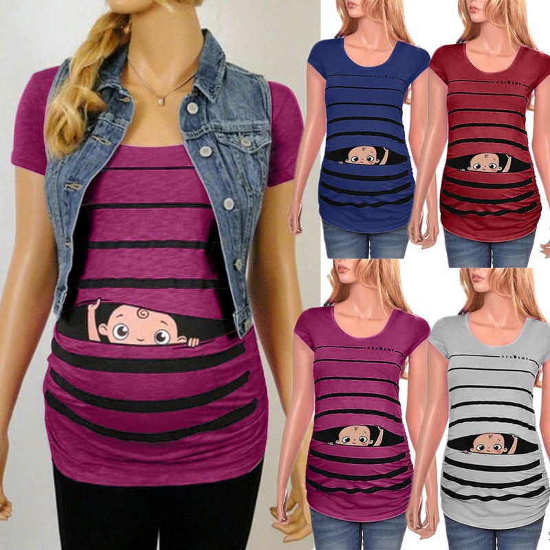 2021wish ebay cute baby plus size round neck print short sleeve maternity T-shirt black M - Image 2