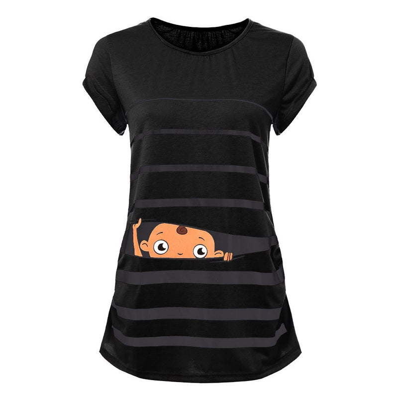 2021wish ebay cute baby plus size round neck print short sleeve maternity T-shirt black M - Image 1