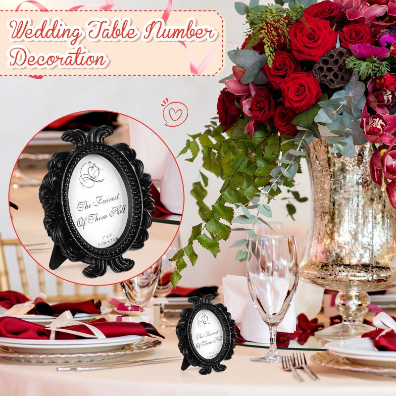 Vicenpal 6 Pieces Vintage Picture Antique Photo Frame Baroque Place Card Photo Holder Mini Picture Resin Oval Display Beaded Frame Christmas Holiday Decor (Black) - Image 2