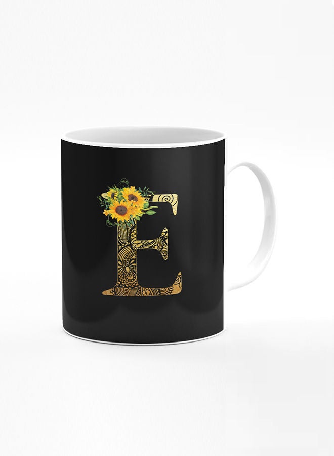 Stylizedd Designer Printed Coffee Mug 11oz Ceramic Personalised Gift Mugs Cup Custom Monogram Initial Letter Mandala Floral Pattern Alphabet E (Black) - Image 1