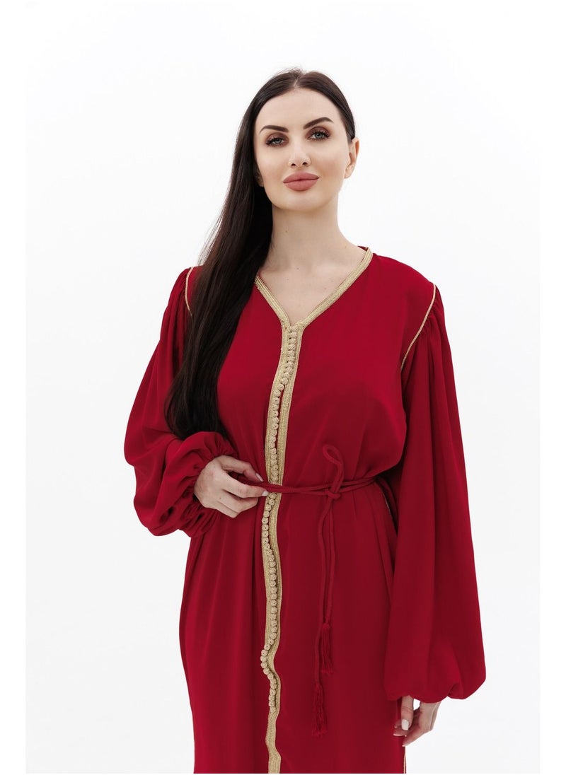 HANA & SARA فستان جلابية من البوليستر البسيط بلون أحمر قفطان عربي  - Image 3