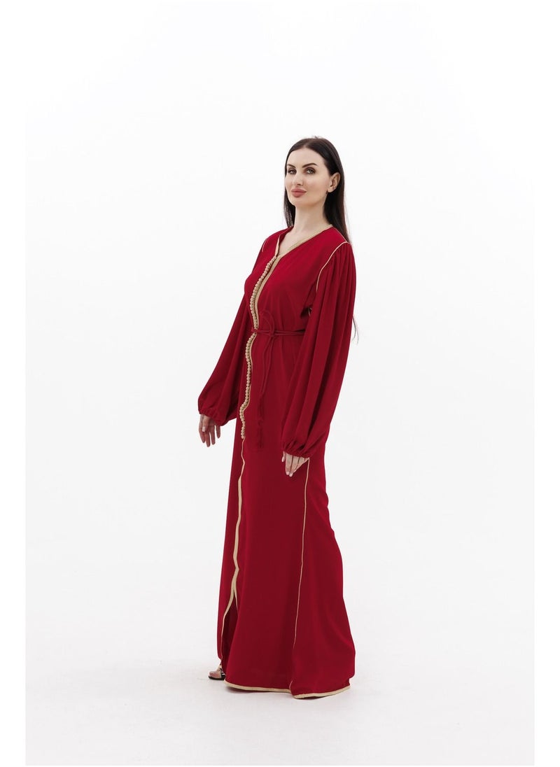 HANA & SARA فستان جلابية من البوليستر البسيط بلون أحمر قفطان عربي  - Image 4