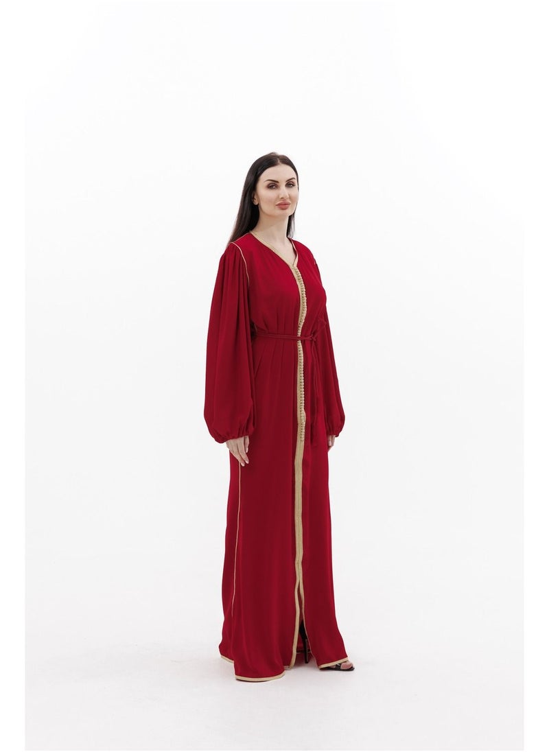 HANA & SARA فستان جلابية من البوليستر البسيط بلون أحمر قفطان عربي  - Image 5