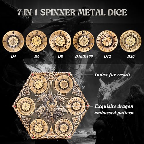 Kabinka DND Dice Set 7 in 1 Metal SpinDial Dice with Storage Bag Portable Celtic Knot DD Dice for D4D6D8D10D12D20 Role Playing Board Games Matte Gold - Image 5