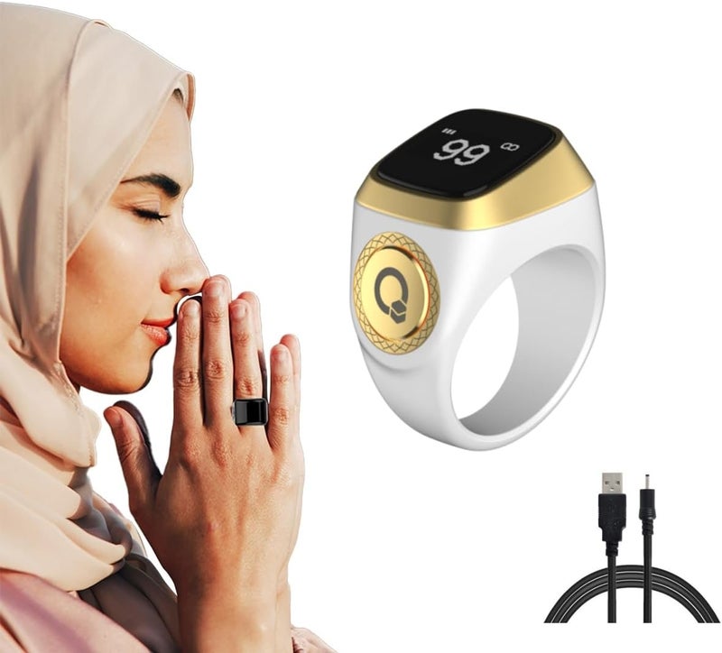 Smart Ring Counter for Men & Women, Digital Tasbeeh Tasbih Finger Counter, Muslim Islamic Prayer Smart Ring, Unisex Azan Alarm Clock, 5 Prayer Time Reminder, Pray Trackers (White, 20mm) - Image 1