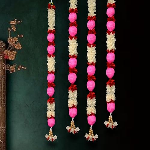 JOYNAGAR Lotus Flower Garland Toran 3 ft, Set of 4 – Cloth Hanging Flowers Ladi with Latkan for Diwali, Navratri, Wedding, Mandir & Home Decoration - Image 1