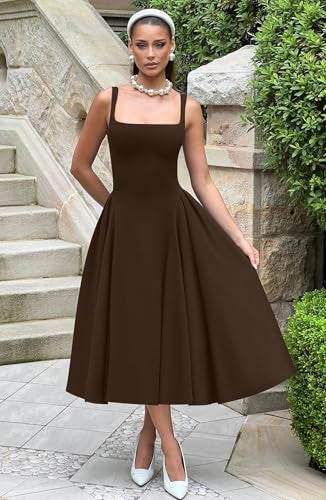 Memoriesea Women's Elegant Square Neck Swing A Line Wedding Evening Party Midi Dress Brown - Image 4