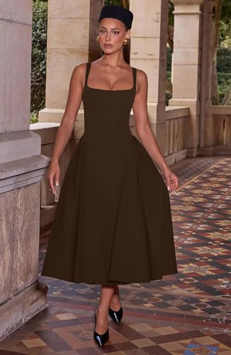 Memoriesea Women's Elegant Square Neck Swing A Line Wedding Evening Party Midi Dress Brown - Image 5