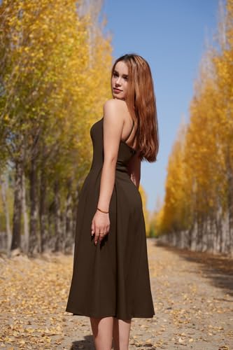 Memoriesea Women's Elegant Square Neck Swing A Line Wedding Evening Party Midi Dress Brown - Image 3