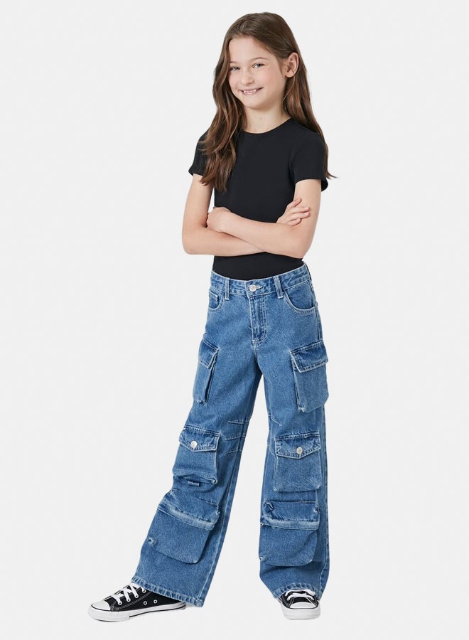 FOREVER 21 Girls Wide-Leg Cargo Jeans (Kids) - Image 1