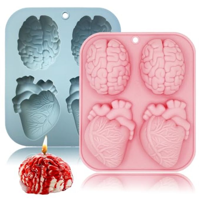 3D Human Brain Heart Silicone Molds, 2 Pack Realistic Halloween Organ Shapes Silicone Muffin Molds for Chocolate Pudding Dessert Jelly Handmade Soap Candle for Halloween Party Props
