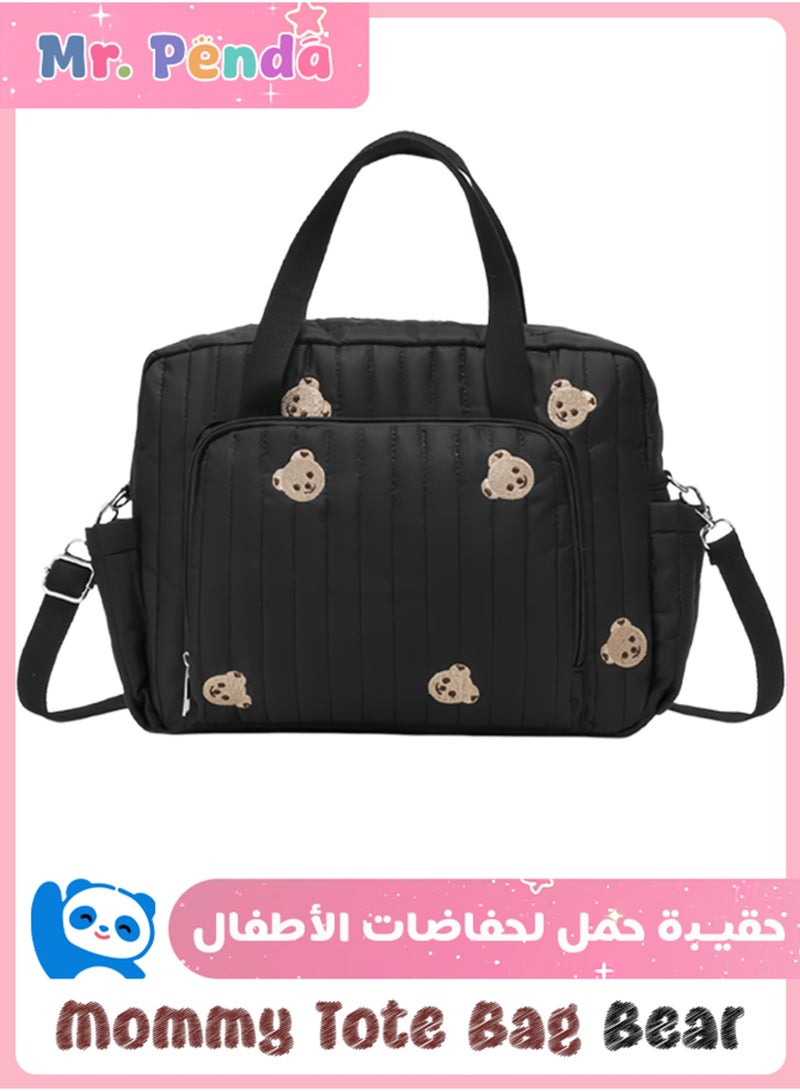 Mr. Penda Baby Diaper Bag, Embroidered Bear Tote for Mom, Stroller Storage Bag with Multi-Pockets, Lightweight Diaper Organizer for Daily Errands, 34x26x10cm (Black) - Image 1