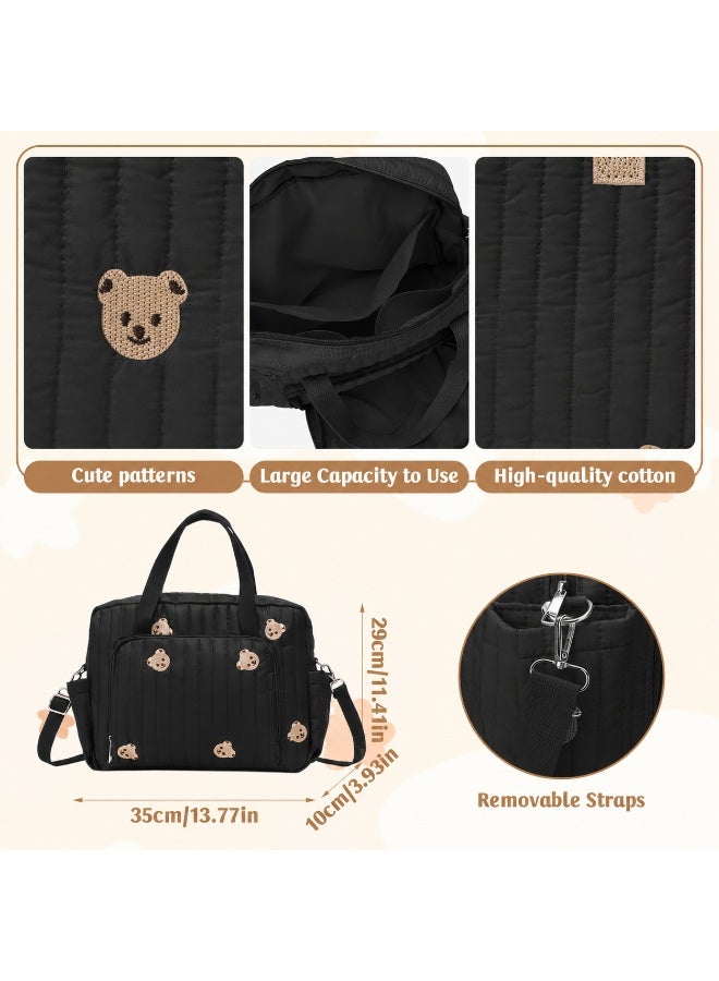 Mr. Penda Baby Diaper Bag, Embroidered Bear Tote for Mom, Stroller Storage Bag with Multi-Pockets, Lightweight Diaper Organizer for Daily Errands, 34x26x10cm (Black) - Image 2