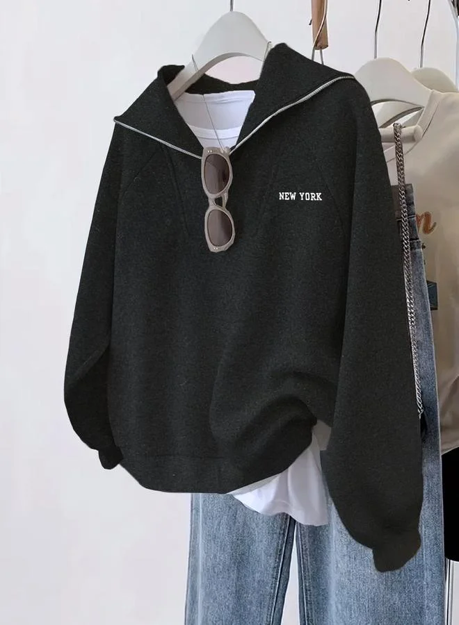 Take Two Take Two Black Relaxed Fit Sweatshirt with Zip Detail