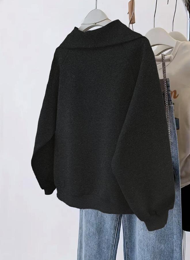 Take Two Black Relaxed Fit Sweatshirt with Zip Detail - Image 2