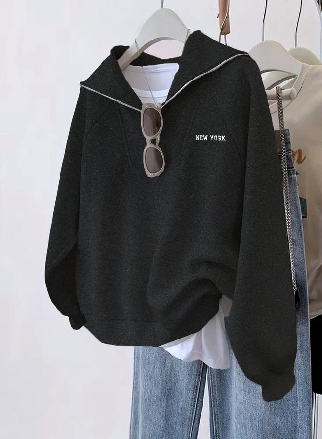 Take Two Black Relaxed Fit Sweatshirt with Zip Detail - Image 1