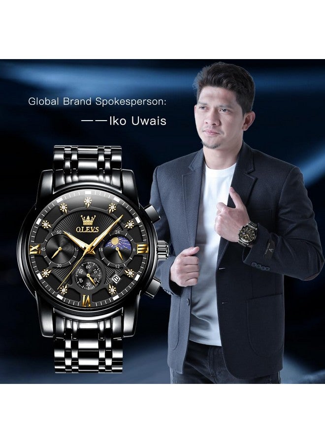 أوليفز Men's Black Chronograph Calendar Diamond Watches Moon Phase Analog Quartz Display Luxury Stainless Steel Waterproof Luminous Watch for Men - Image 2