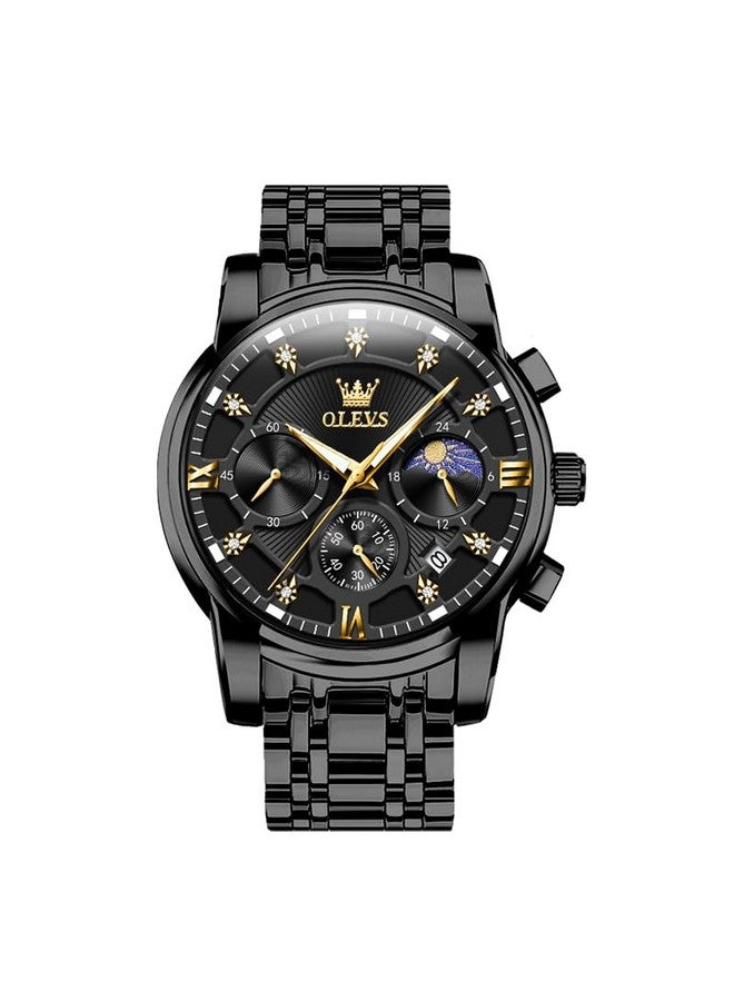 أوليفز Men's Black Chronograph Calendar Diamond Watches Moon Phase Analog Quartz Display Luxury Stainless Steel Waterproof Luminous Watch for Men - Image 1