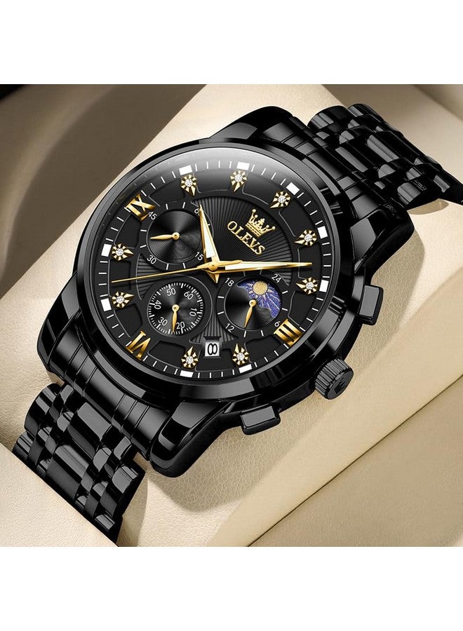 أوليفز Men's Black Chronograph Calendar Diamond Watches Moon Phase Analog Quartz Display Luxury Stainless Steel Waterproof Luminous Watch for Men - Image 3